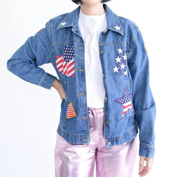 Vintage Cherokee Patriotic USA Flag Stars Blue Denim Button Up Jacket L - Picture 1 of 12